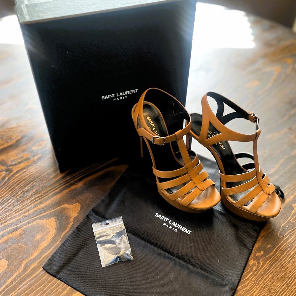 YSL Bianca T-Strap Sandal in Caramel Leather, Size 36.5/ 6.5
